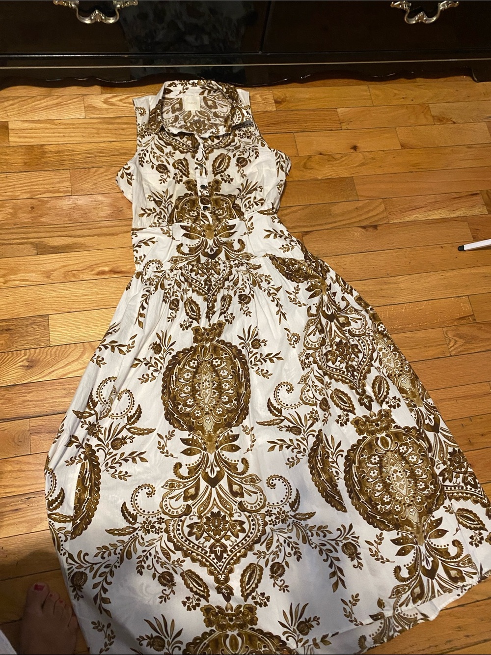 Sleeveless Cream Maxi Dress with Brown Ornate Print